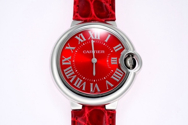 top-tier replicaCartier women's red plate red band blue balloon series quartzleather strap watch front view