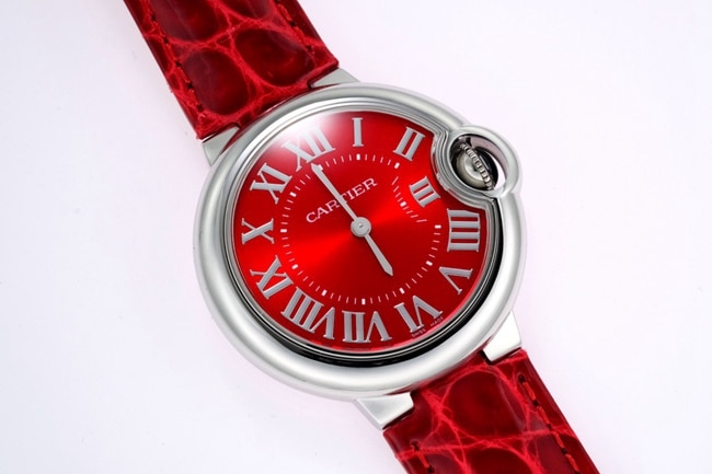 top-tier replicaCartier women's red plate red band blue balloon series quartzleather strap watch front view