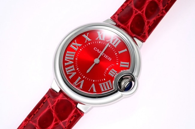 top-tier replicaCartier women's red plate red band blue balloon series quartzleather strap watch front view