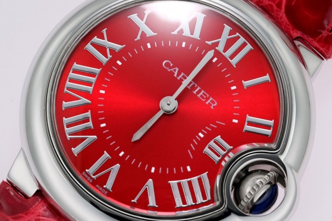 top-tier replicaCartier women's red plate red band blue balloon series quartzleather strap watch front view