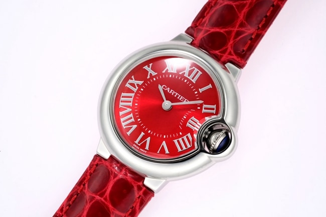 top-tier replicaCartier women's red plate red band blue balloon leather strap watch front view