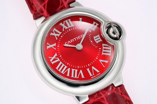 top-tier replicaCartier women's red plate red band blue balloon leather strap watch front view
