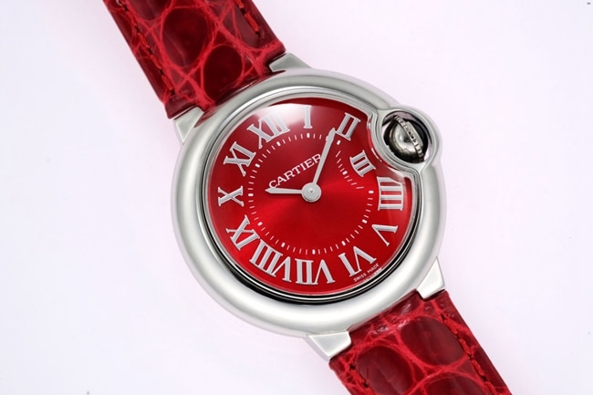 top-tier replicaCartier women's red plate red band blue balloon leather strap watch front view