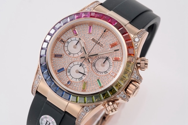 top-tier replicaRolex men's gold plate rubber strap new rainbow di automatic movement watch front view