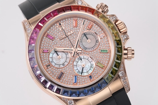 top-tier replicaRolex men's gold plate rubber strap new rainbow di automatic movement watch front view