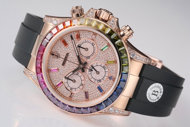 top-tier replicaRolex men's gold plate rubber strap new rainbow di automatic movement watch front view