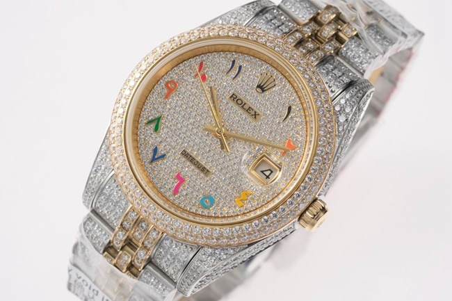 TW factory top-tier replicaRolex men's white dialsteel bracelet full diamond Datejust series 18k gold automatic movement watch front view