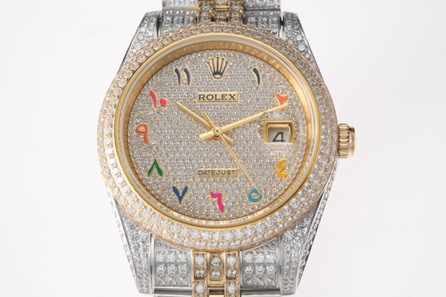 TW factory top-tier replicaRolex men's white dialsteel bracelet full diamond Datejust series 18k gold automatic movement watch front view