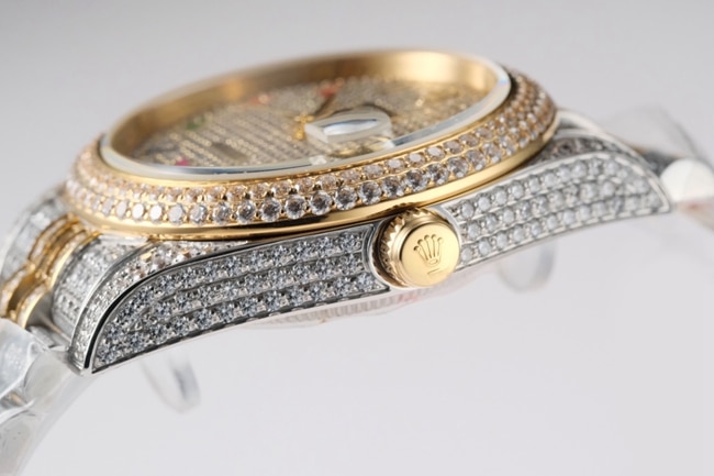 TW factory top-tier replicaRolex men's white dialsteel bracelet full diamond Datejust series 18k gold automatic movement watch side view