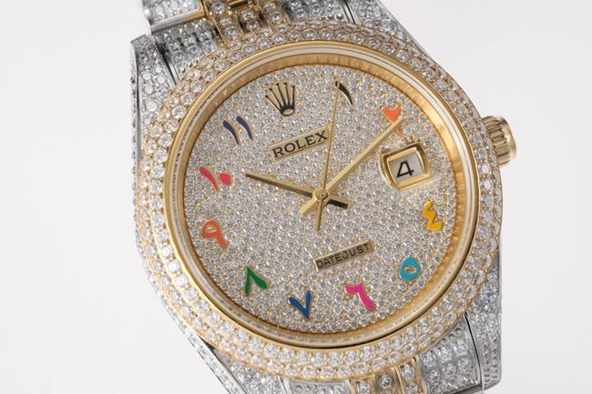 TW factory top-tier replicaRolex men's white dialsteel bracelet full diamond Datejust series 18k gold automatic movement watch front view