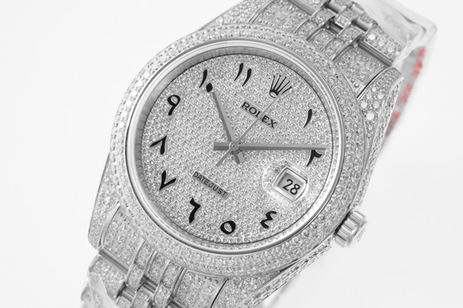 TW factory top-tier replicaRolex men's white dialsteel braceletDatejust series full diamond 18k gold full automatic movement watch front view