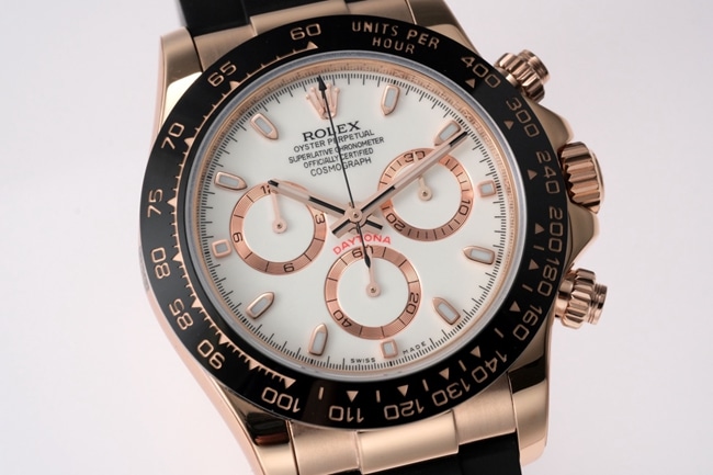 top-tier Rolex men's white dial black rubber strap Cosmograph Daytona automatic movement watch front view