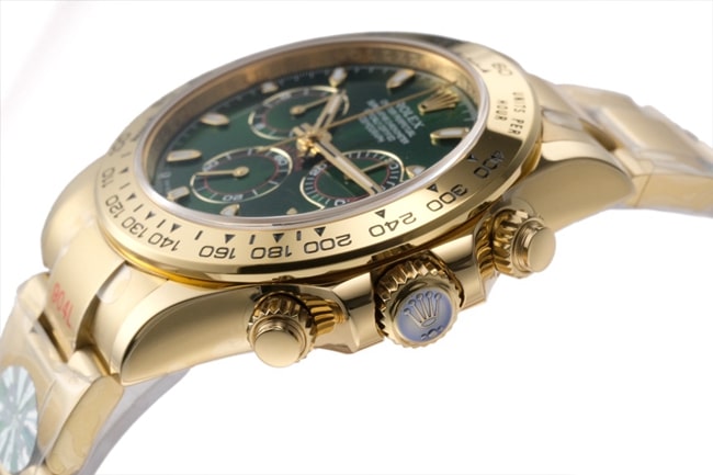 top-tier replicaRolex men's green dial gold band popular model Cosmograph Daytona mechanical watch side view