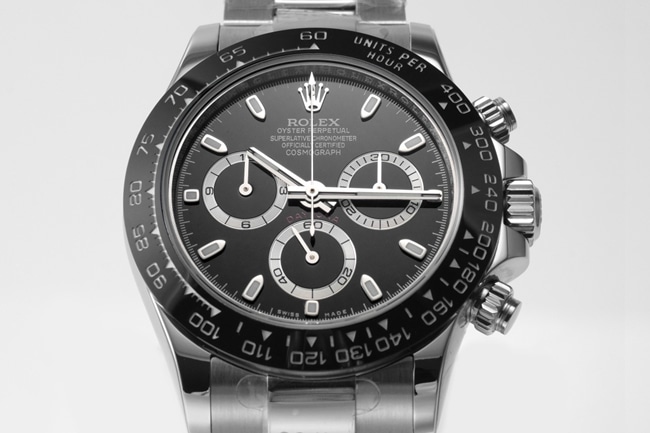 top-tier replicaRolex men's black dialsteel bracelet Cosmograph Daytona mechanical watch front view