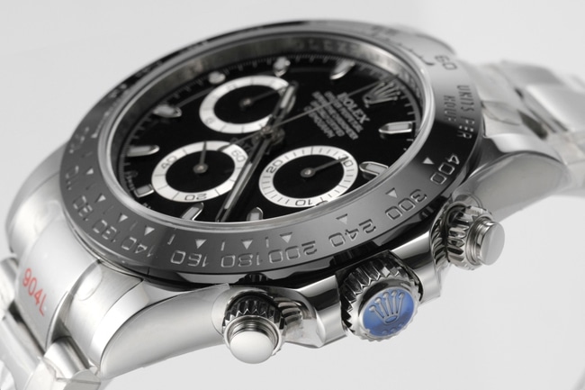 top-tier replicaRolex men's black dialsteel bracelet Cosmograph Daytona mechanical watch side view