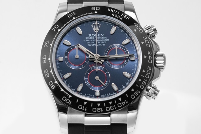 top-tier replica Rolex men's blue dialrubber strap Cosmograph Daytona automatic movement watch front view