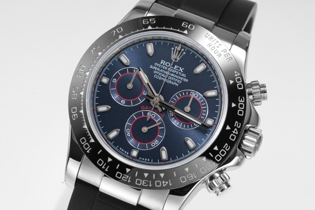 top-tier replica Rolex men's blue dialrubber strap Cosmograph Daytona automatic movement watch front view