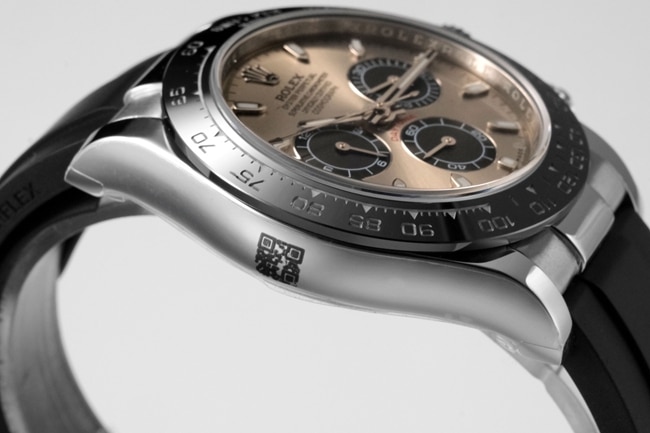 Top Rolex men's watch, brown dial, rubber strap, hottest Cosmograph Daytona model, mechanical watch, side view
