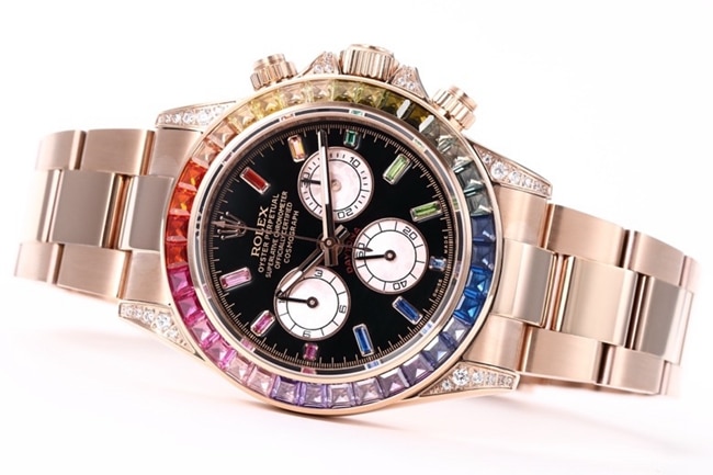 top-tier replicaRolex men's black dialrose gold with new Daytona rainbow automatic movement watch front view