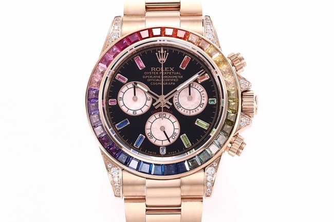 top-tier replicaRolex men's black dialrose gold with new Daytona rainbow automatic movement watch front view