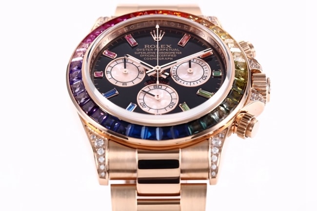 top-tier replicaRolex men's black dialrose gold with new Daytona rainbow automatic movement watch detail shots