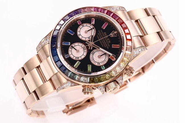 top-tier replicaRolex men's black dialrose gold with new Daytona rainbow automatic movement watch front view
