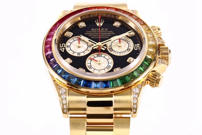 top-tier replicaRolex men's black dial gold belt Daytona rainbow model full automatic movement watch detail shots