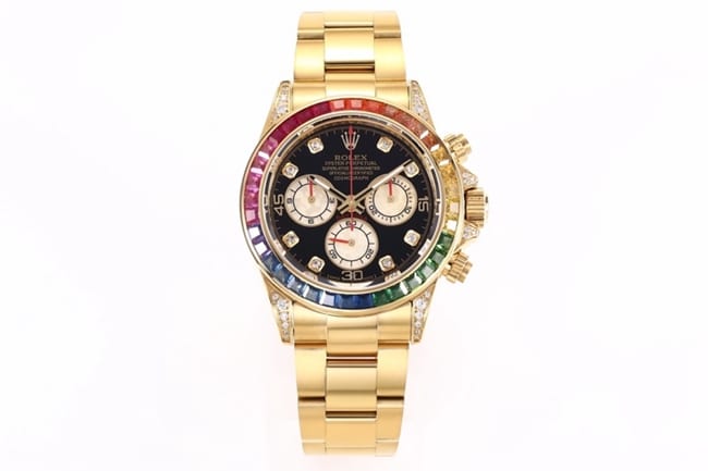 top-tier replicaRolex men's black dial gold band Daytona rainbow model full automatic movement watch front view