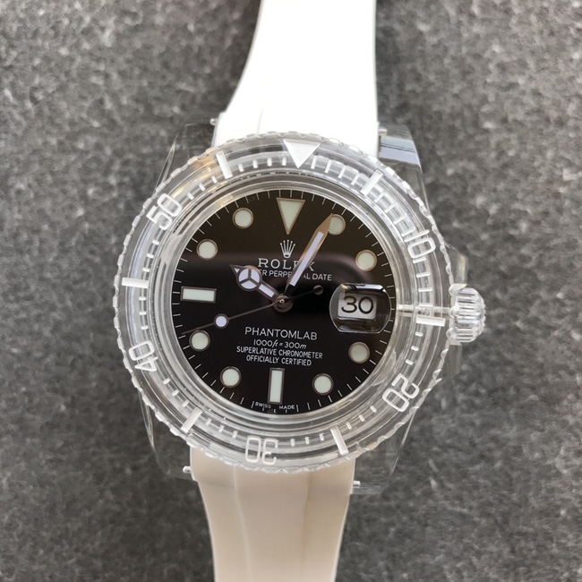 top-tier replicaRolex men's black dialrubber strap crystal series mechanical watch front view