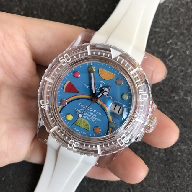 top-tier replicaRolex men's blue dialrubber strap crystal series full automatic movement watch front view