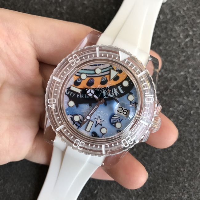 top-tier replicaRolex men's blue dialrubber strap crystal series mechanical watch front view