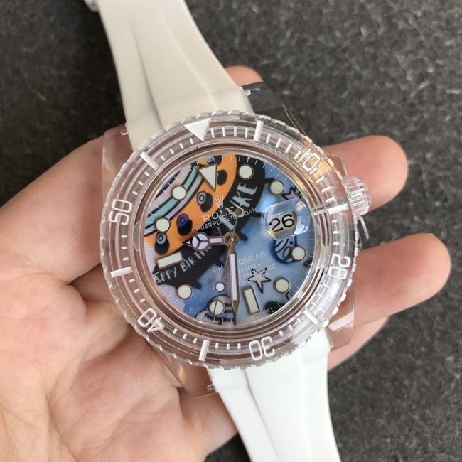 top-tier replicaRolex men's blue dialrubber strap crystal series mechanical watch front view