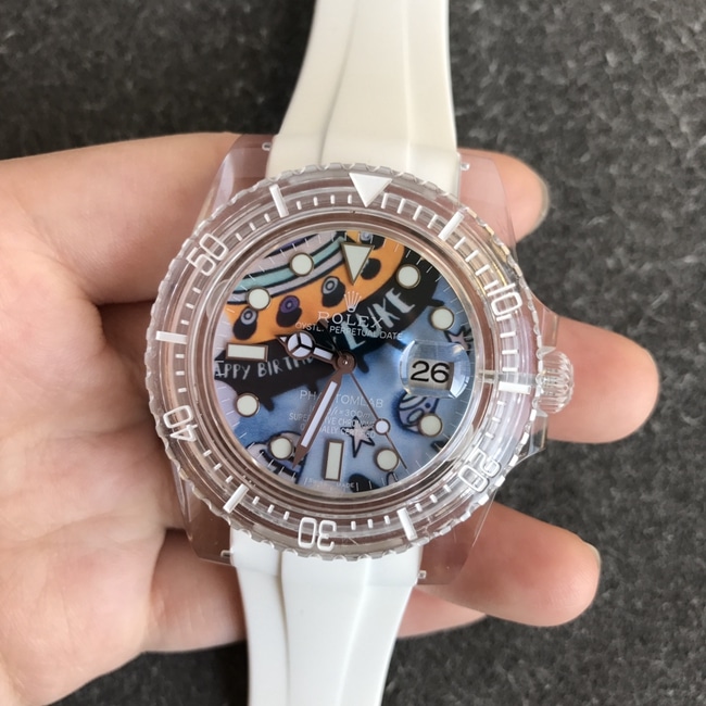 top-tier replicaRolex men's blue dialrubber strap crystal series mechanical watch front view