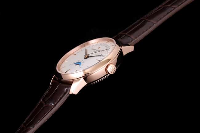 top-tier Vacheron Constantin men's white dial brown belt heritage series leather strap mechanical watch side view
