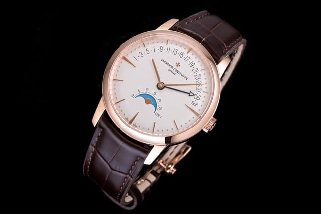 top-tier Vacheron Constantin men's white dial brown belt heritage series leather strap mechanical watch front view