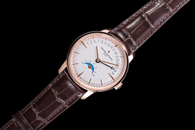top-tier Vacheron Constantin men's white dial brown belt heritage series leather strap mechanical watch front view