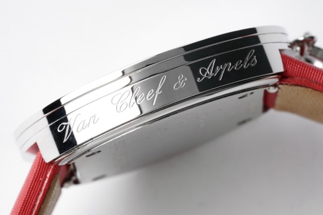 top-tier Van Cleef & Arpels women's white dial red band Charms Gold watch quartzleather strap watch side view