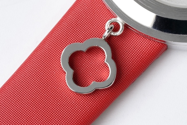 top-tier Van Cleef & Arpels women's white dial red band Charms Gold watch quartzleather strap watch detail shots