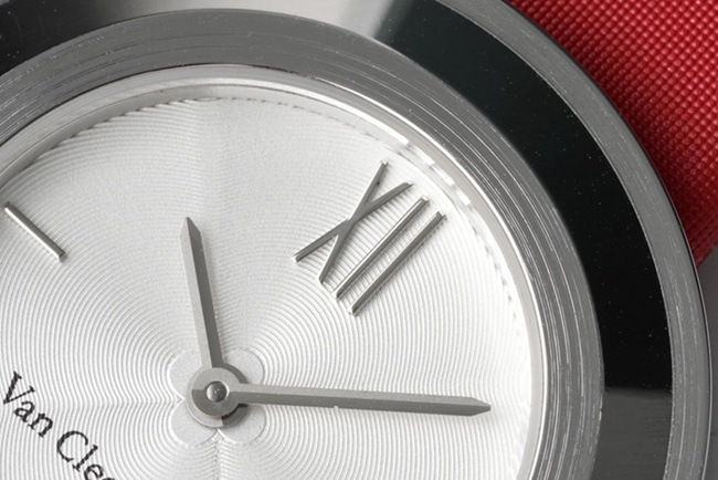 top-tier Van Cleef & Arpels women's white dial red band Charms Gold watch quartzleather strap watch detail shots