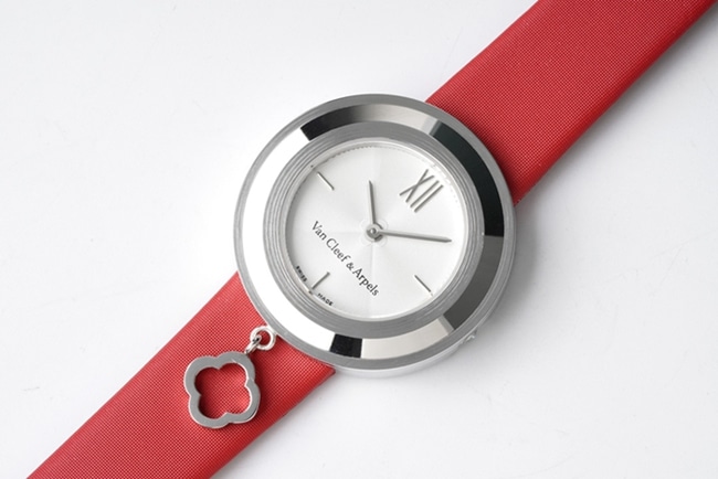 top-tier Van Cleef & Arpels women's white dial red band Charms Gold watch quartzleather strap watch front view