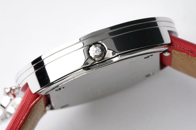 top-tier Van Cleef & Arpels women's white dial red band Charms Gold watch quartzleather strap watch side view