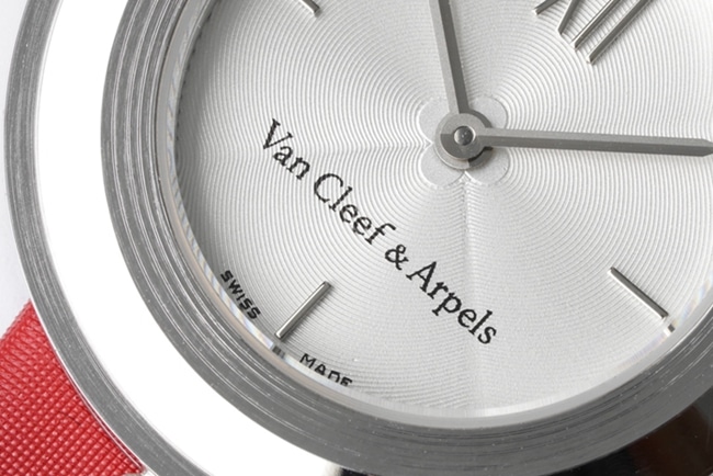 top-tier Van Cleef & Arpels women's white dial red band Charms Gold watch quartzleather strap watch detail shots