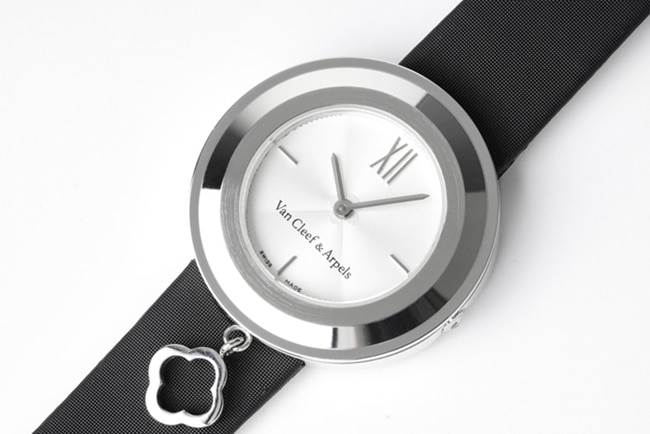 top-tier Van Cleef & Arpels women's white dial black belt quartzleather strap watch front view