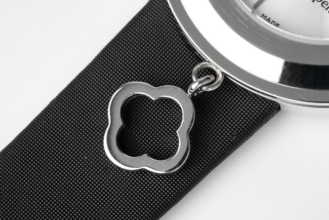 top-tier Van Cleef & Arpels women's white dial black belt quartzleather strap watch detail shots