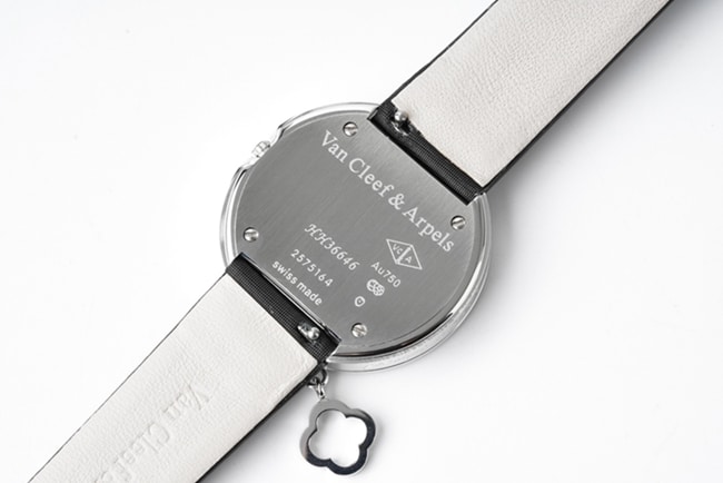 top-tier Van Cleef & Arpels women's white dial black belt quartzleather strap watch back cover picture