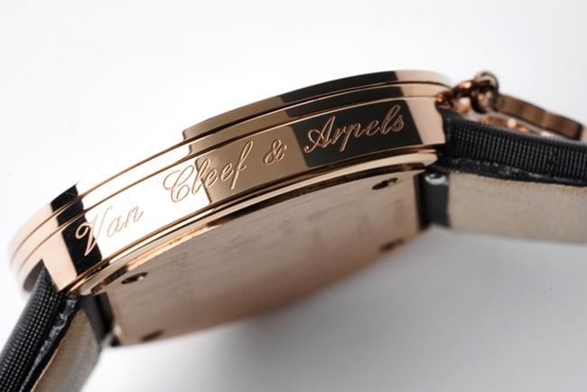 top-tier Van Cleef & Arpels women's black dial black belt Charms Goldquartz watch side view