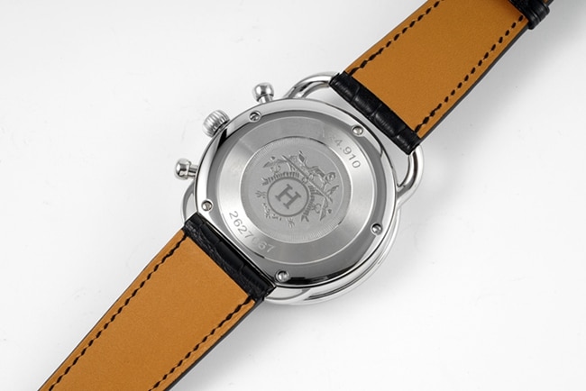 top-tier Hermès men's white dial black belt retro sentiment quartzleather strap watch back cover picture