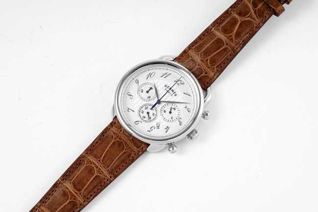 top-tier Hermès men's white dial brown belt retro quartzleather strap watch front view