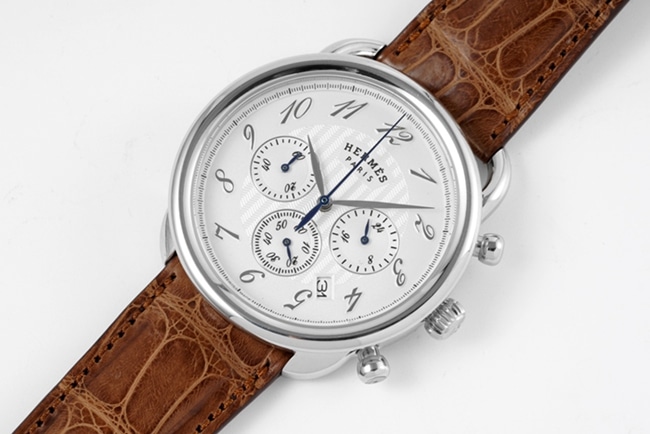 top-tier Hermès men's white dial brown belt retro quartzleather strap watch front view