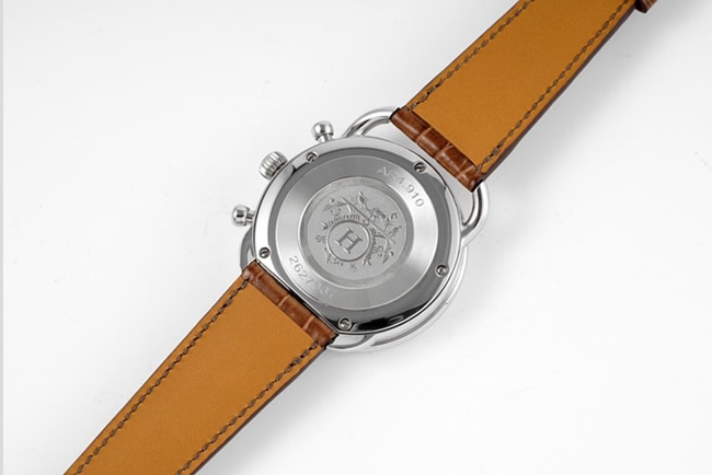 top-tier Hermès men's white dial brown belt retro quartzleather strap watch back cover picture